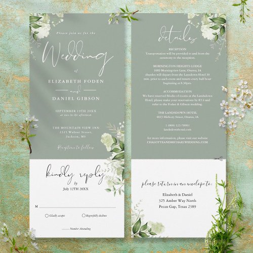 Navy Blue Botanical Floral All In One Wedding  Invitation