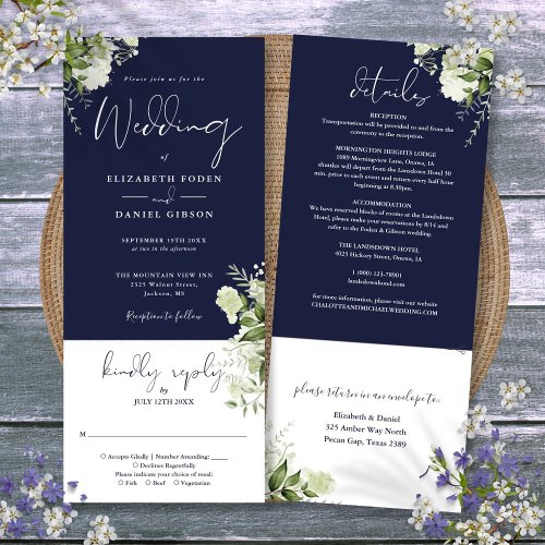 Navy Blue Botanical Floral All In One Wedding  Invitation