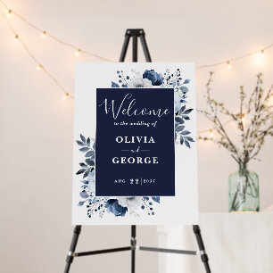 Navy Blue Botanical Floral Wedding Welcome Sign
