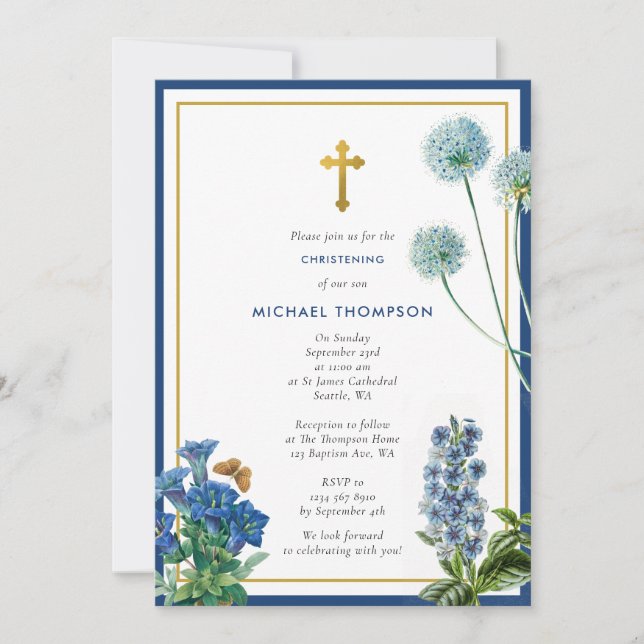 Navy Blue Botanical & Gold Baptism Christening Boy Invitation (Front)