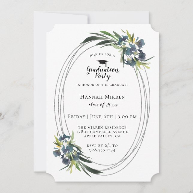 Navy Blue Botanical Graduation Party Invitation (Front)