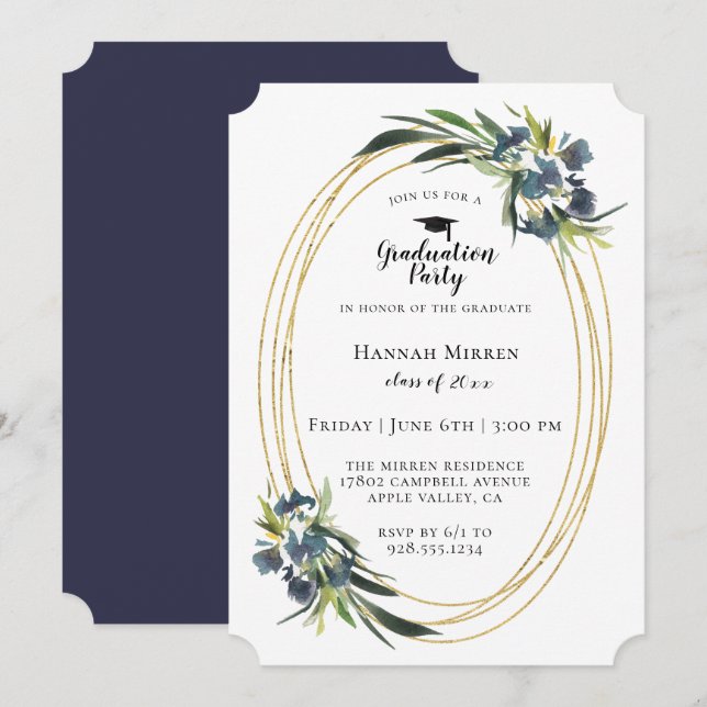 Navy Blue Botanical Graduation Party Invitation (Front/Back)