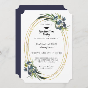 Navy Blue Botanical Graduation Party Invitation