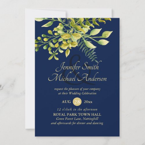 Navy Blue Botanical Greenery Leaves Wedding Invite