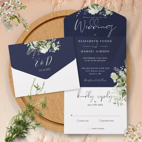 Navy Blue Botanical Greenery Monogram Wedding  All In One Invitation