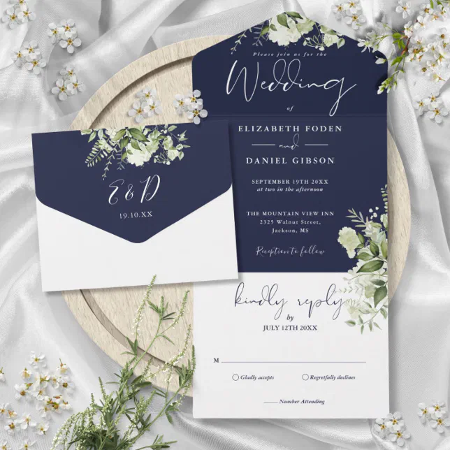 Navy Blue Botanical Greenery Monogram Wedding All In One Invitation ...