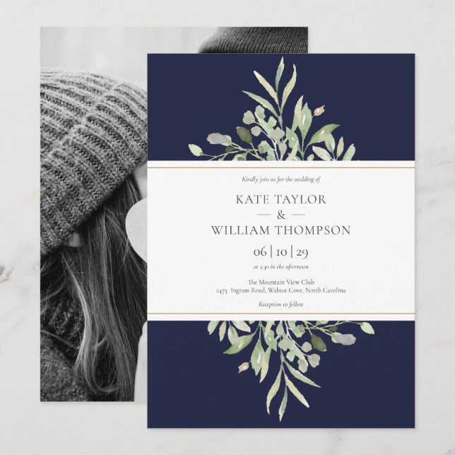 Navy Blue Botanical Greenery Wedding Photo Invitation (Front/Back)