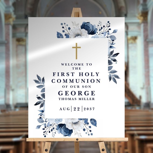 Navy Blue Botanical Holy Communion Welcome Sign (Navy Blue Botanical Holy Communion Welcome Sign)
