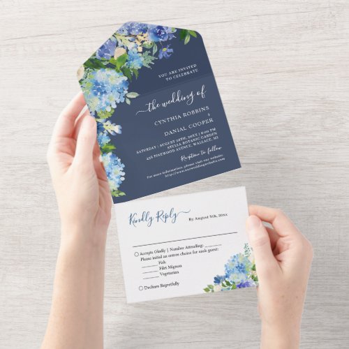 Navy Blue Botanical Hydrangea Flowers Wedding All In One Invitation