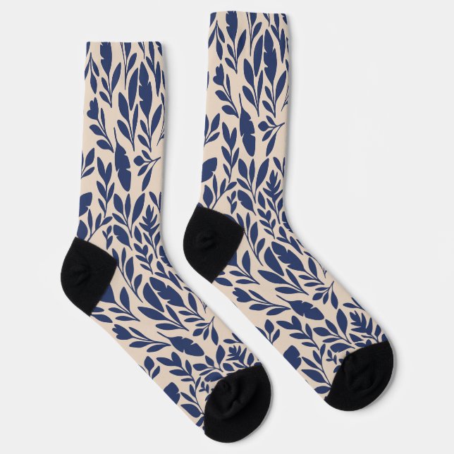 Navy Blue Botanical Leaf Pattern  Socks (Right)