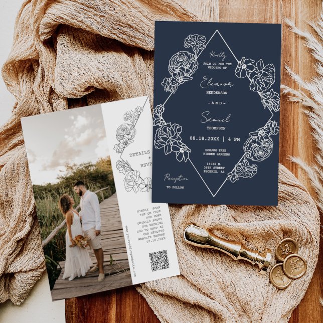 Navy Blue Botanical Line Art Boho QR Code Photo Invitation (Creator Uploaded)
