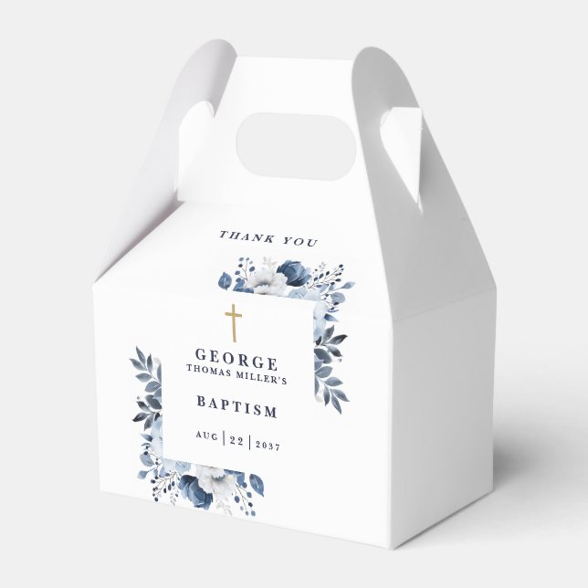Navy Blue Botanical Modern Baptism Favor Boxes (Front Side)