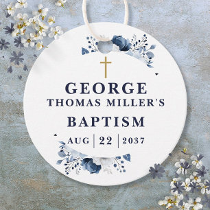 Navy Blue Botanical Modern Baptism Favor Tags