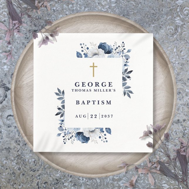 Navy Blue Botanical Modern Baptism Napkins (Navy Blue Botanical Modern Baptism Napkins)
