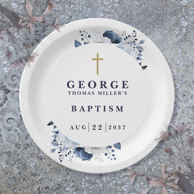 Navy Blue Botanical Modern Baptism Paper Plates (Navy Blue Botanical Modern Baptism Paper Plates)