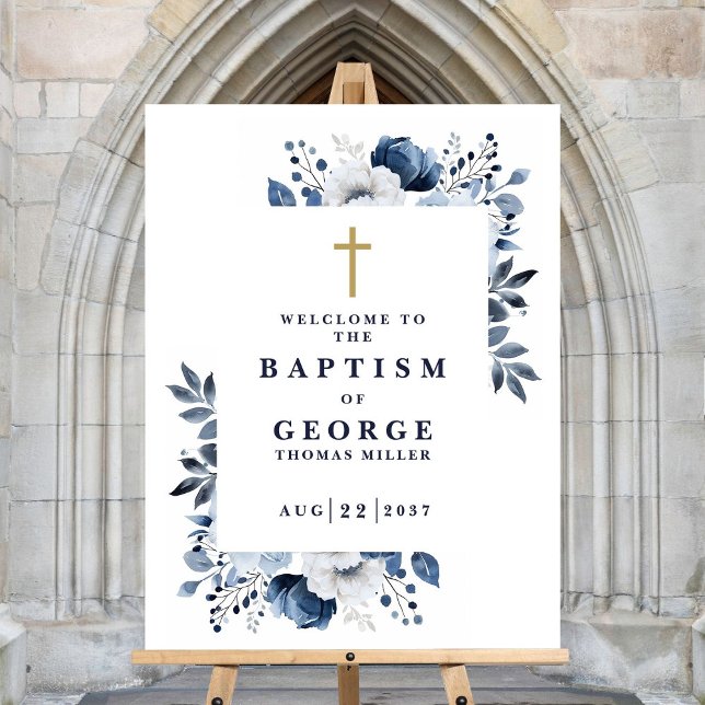 Navy Blue Botanical Modern Baptism Welcome Sign (Navy Blue Botanical Modern Baptism Welcome Sign)