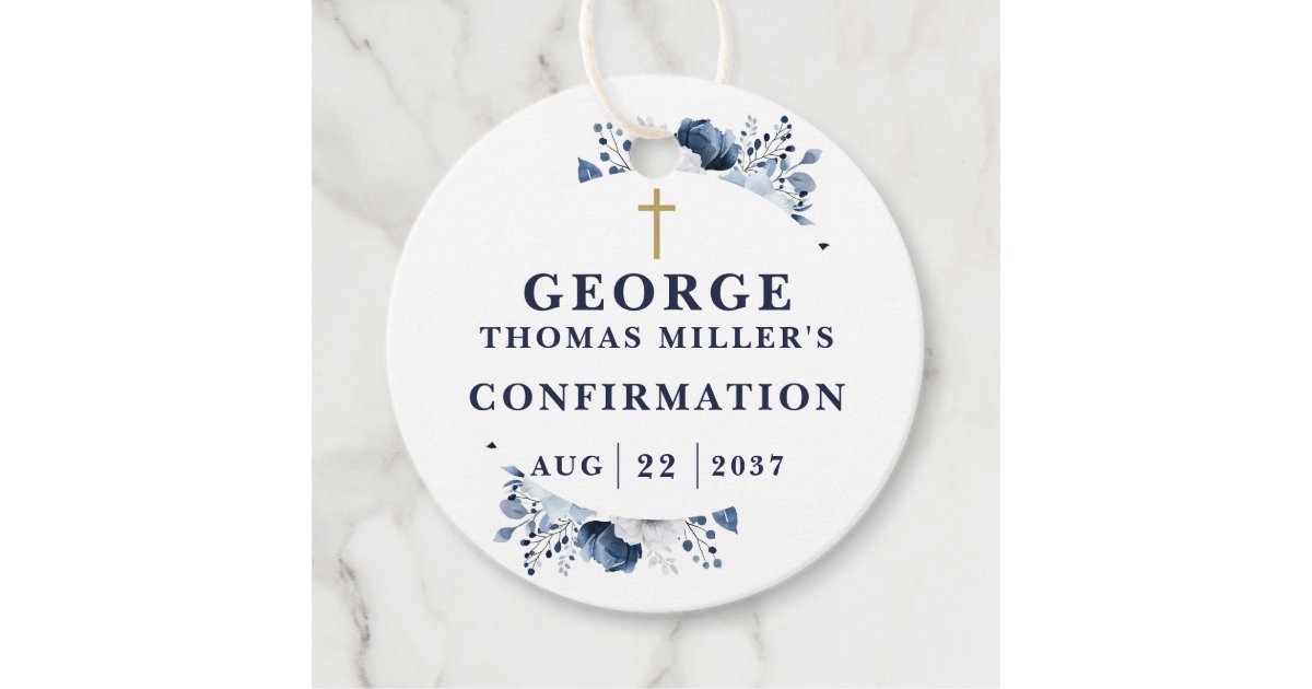 Navy Blue Botanical Modern Confirmation Favor Tags | Zazzle