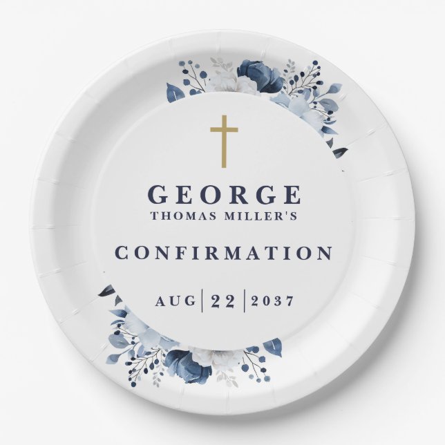 Navy Blue Botanical Modern Confirmation Paper Plates (Front)