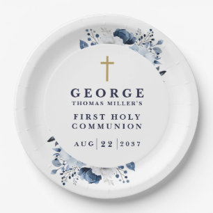 Navy Blue Botanical Modern First Holy Communion Paper Plates