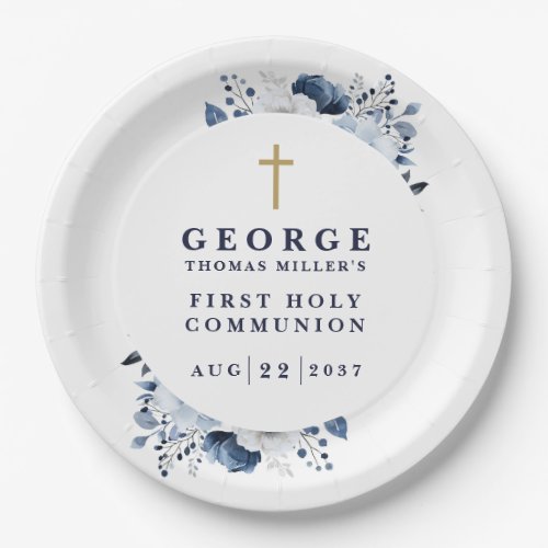 Navy Blue Botanical Modern First Holy Communion