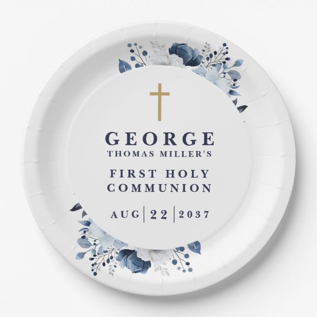 Navy Blue Botanical Modern First Holy Communion Paper Plates (Front)
