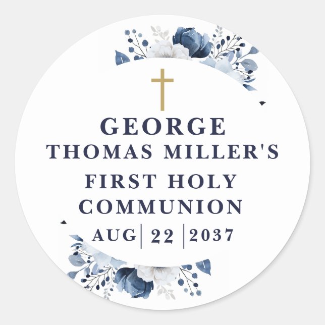 Navy Blue Botanical Modern Holy Communion Classic Round Sticker (Front)