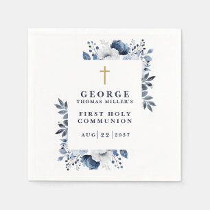 Navy Blue Botanical Modern Holy Communion Napkins