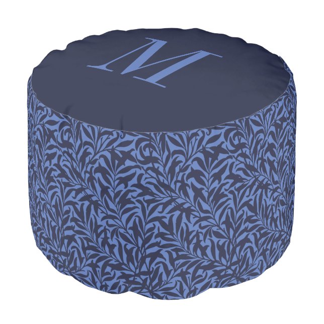 Navy Blue Botanical Print Monogram Pouf (Angled Front)