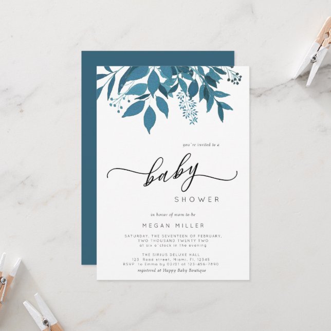 Navy Blue Botanical | Script Winter Baby Shower Invitation (Front/Back In Situ)