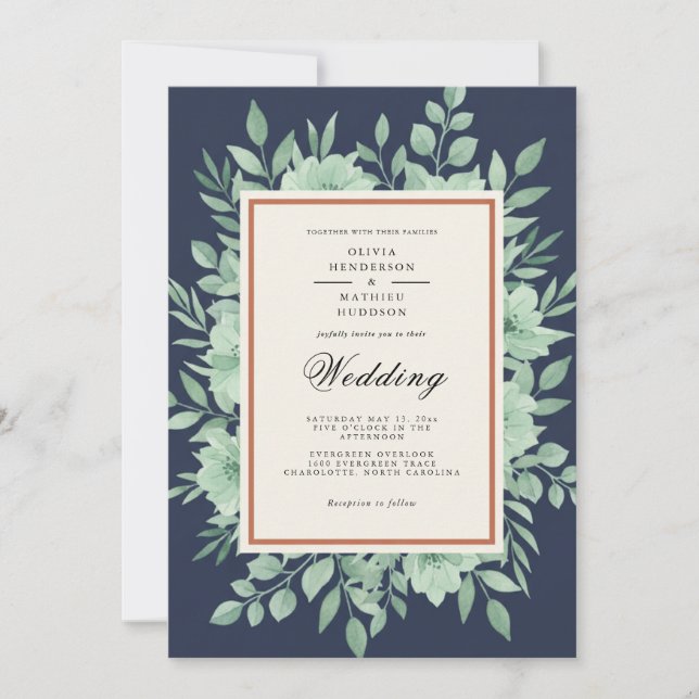Navy Blue Botanical Spring Wedding Invitation (Front)