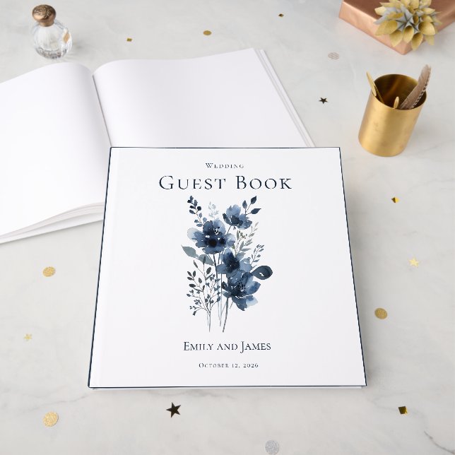 Navy Blue Botanical Wedding Guest Book (Front Open)