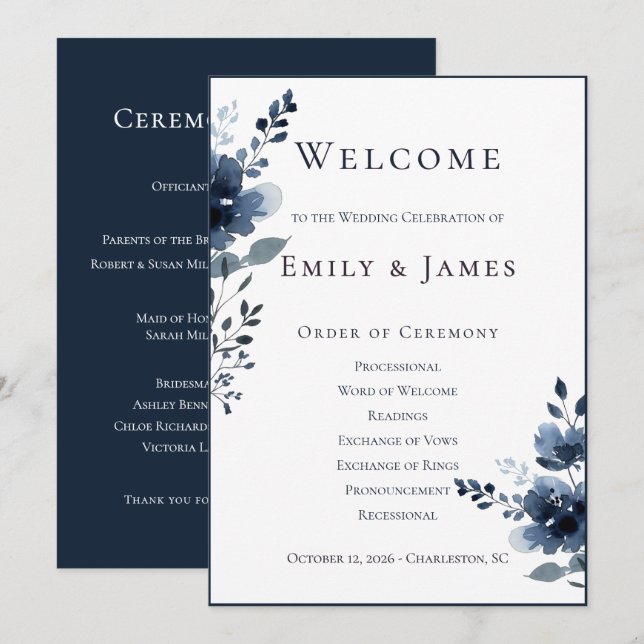 Navy Blue Botanical Wedding Program (Front/Back)