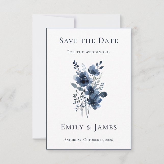 Navy Blue Botanical Wedding Save The Date (Front)