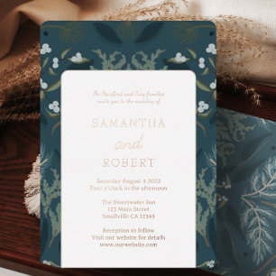 Navy Blue Botanical White Winter Wedding Foil Invitation