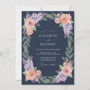 Navy Blue Botanical Winter Wedding Invitation