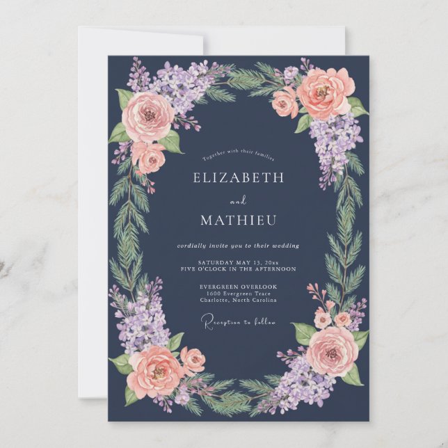 Navy Blue Botanical Winter Wedding Invitation (Front)