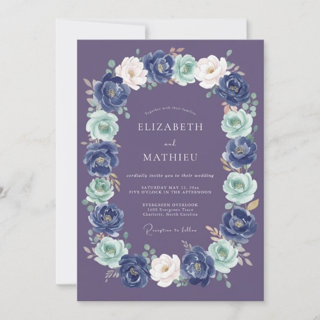 Navy Blue Botanical Wreath Wedding Invitation (Front)