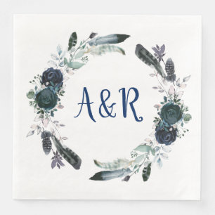 Navy Blue Bouquet Wreath Monogram Paper Napkins