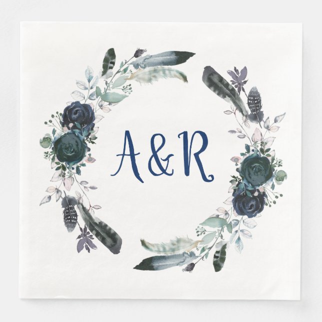 Navy Blue Bouquet Wreath Monogram Paper Napkins (Front)