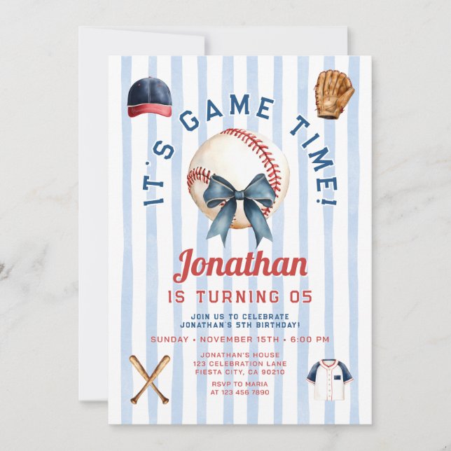 Navy Blue Bow Boy Baseball Game Time Birthday Invitation (Front)