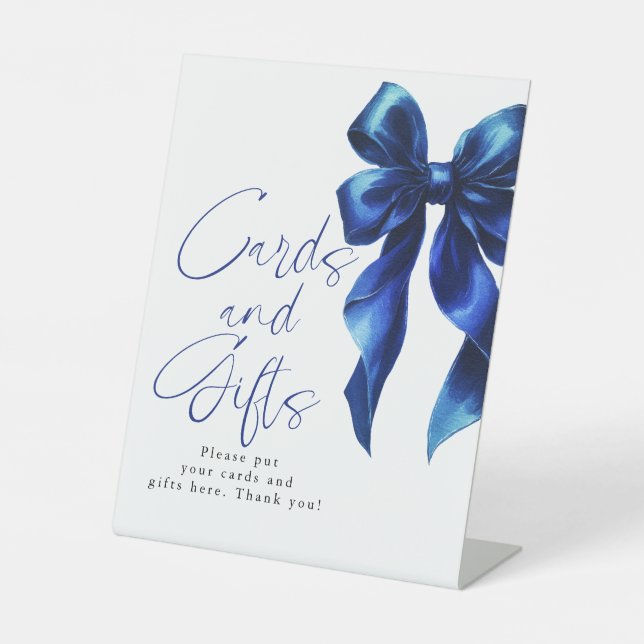 Navy Blue Bow Cards and Gifts Bridal Shower Pedestal Sign (Front)