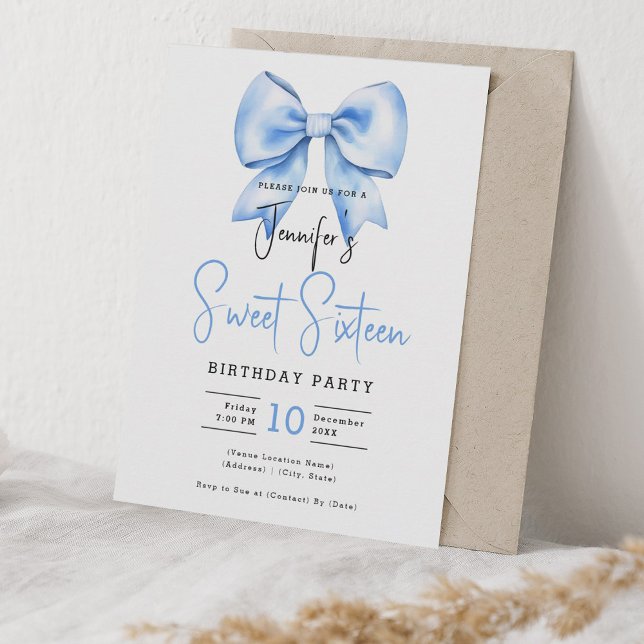 Navy Blue Bow Coquette Cute Script Sweet 16 Invitation (Navy Blue Bow Coquette Cute Script Sweet 16 Invitation)