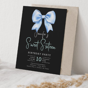 Navy Blue Bow Coquette Script Sweet 16 Black Invitation