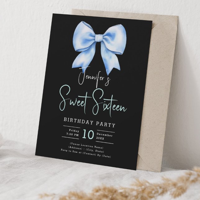 Navy Blue Bow Coquette Script Sweet 16 Black Invitation (Navy Blue Bow Coquette Script Sweet 16 Black Invitation)