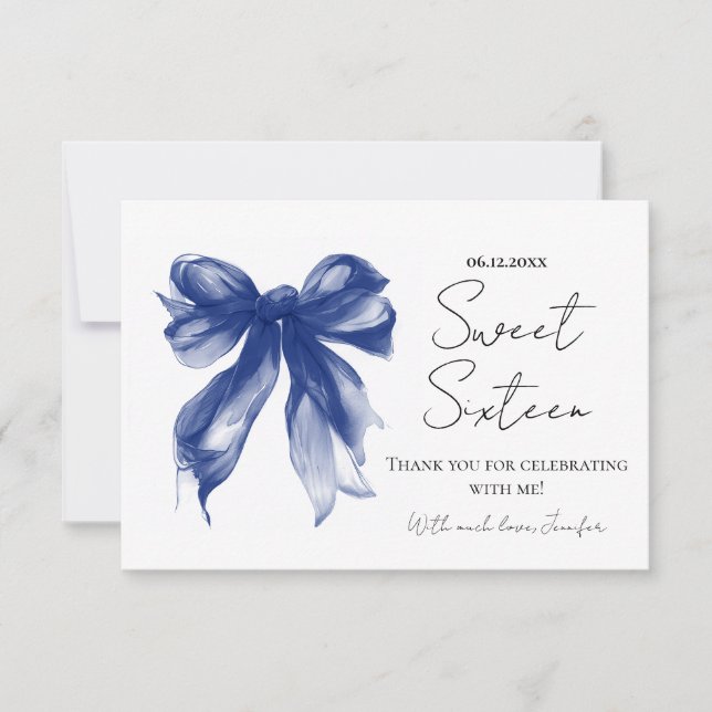 Navy Blue Bow Coquette Script Sweet 16 Thank You  Card (Front)