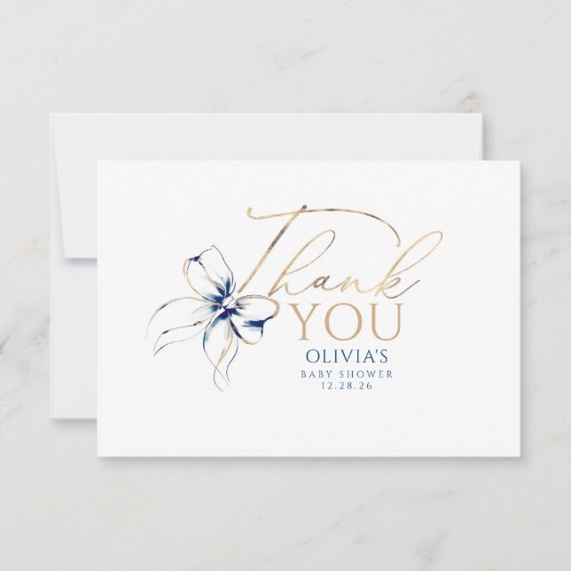 Navy Blue Bow Elegant Calligraphy Thank You Card (Front)
