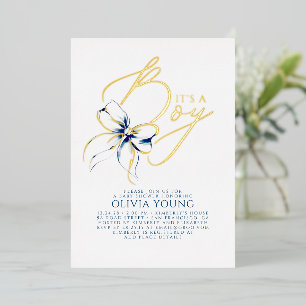 Navy Blue Bow Elegant Modern Boy Baby Shower Foil Invitation