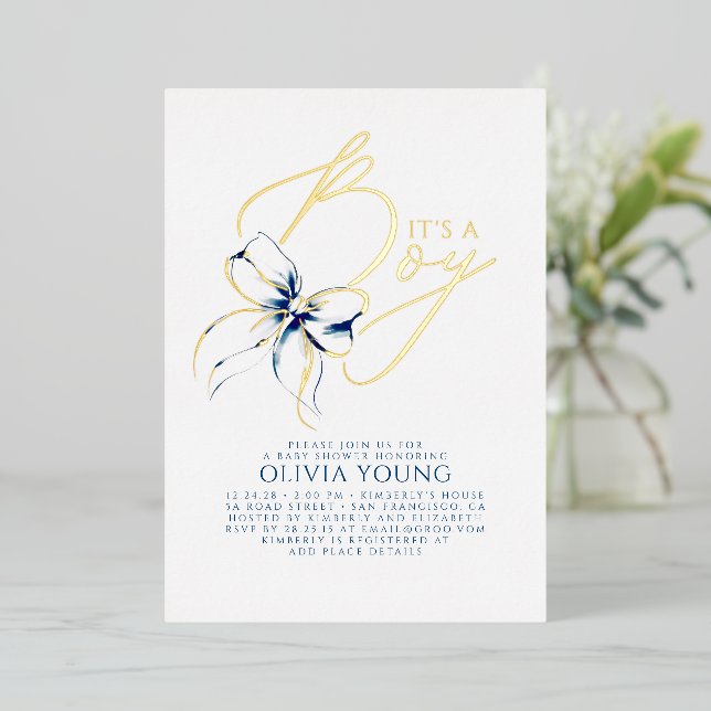 Navy Blue Bow Elegant Modern Boy Baby Shower Foil Invitation (Standing Front)