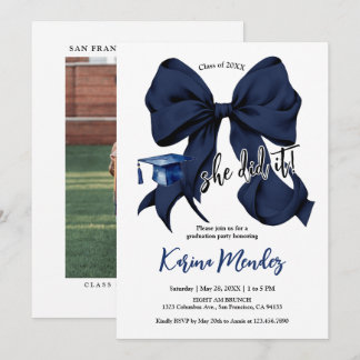 Navy Blue Bow Grad Party Invitation