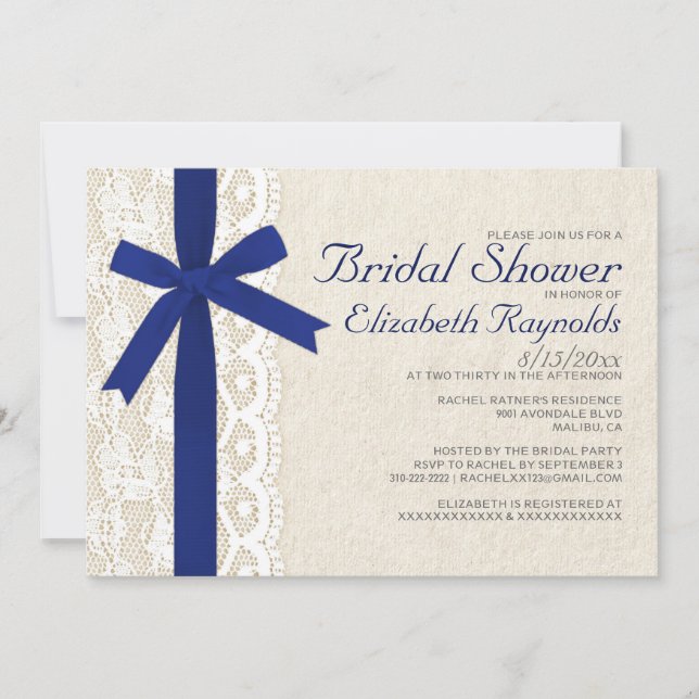 Navy Blue Bow & Lace Bridal Shower Invitations (Front)